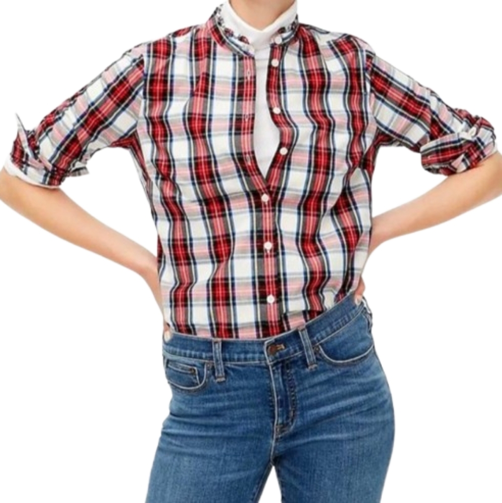 J. Crew Stewart Tartan Plaid Long Sleeve Blouse Size Small NEW NWT Ruffle